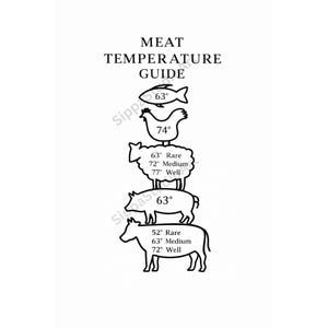 May include: A black and white meat temperature guide with illustrations of a fish, chicken, sheep, pig, and cow. The guide includes temperatures for rare, medium, and well-done meat.