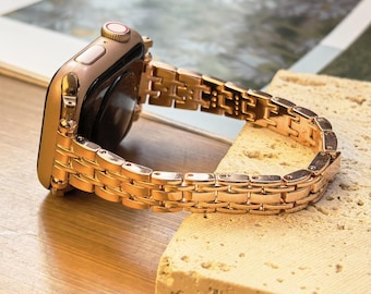 Luxury Link Apple Watch Band, Slim Apple Bands Metal, Rose Gold Formal Dressy Iwatch Bracelet Strap 38/40/41/42/44/45/46/49mm, Ultra SE