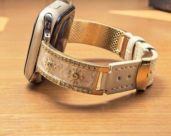 Vintage Sun Crystal Leather Apple Watch Band, Gold Beige Boho Apple Bands Women, 38/40/41/42/44/45/46/49mm,Iwatch Bracelet Metal, Ultra SE
