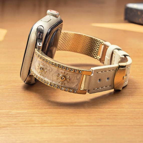 Vintage Sun Crystal Leather Apple Watch Band, Gold Beige Boho Apple Bands Women, 38/40/41/42/44/45/46/49mm,Iwatch Bracelet Metal, Ultra SE