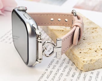 Leather Apple Watch Band With Heart Charm, Slim Cream Elegant Iwatch Bracelet Strap Women