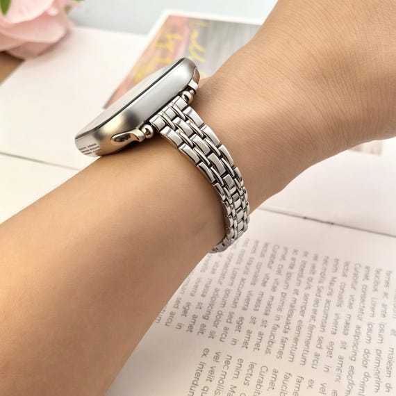 Dainty Thin Apple Watch Band, Luxury 7 Row Metal Link Iwatch Bracelet Strap, Slim Dressy Apple Bands Women, 38mm-49m Ultra SE, Gift Ready