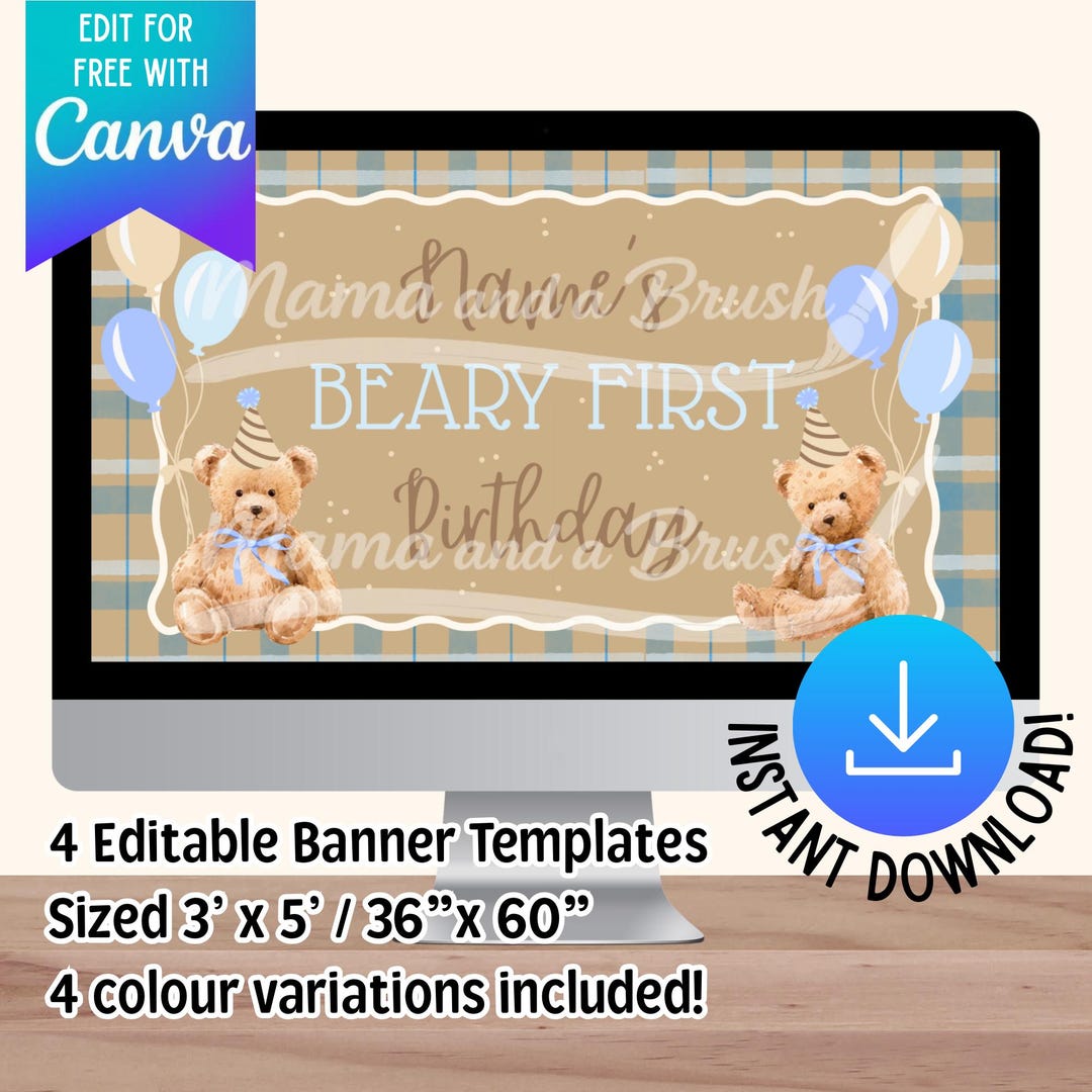 Beary First Birthday Editable Banner Template | 4 Colour Variations ...