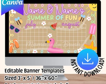 de Bannière de calendrier modifiable Summer of Fun | Liste de souhaits pour juillet et août 2026 | Calendrier d'activités d'été pour enfants | Téléchargement instantané Canvas