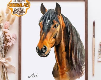Custom Watercolor Horse Portrait Personalized Hand-Painted Equestrian Art Original No AI Painting Gift for pet Horse Memorial Art
