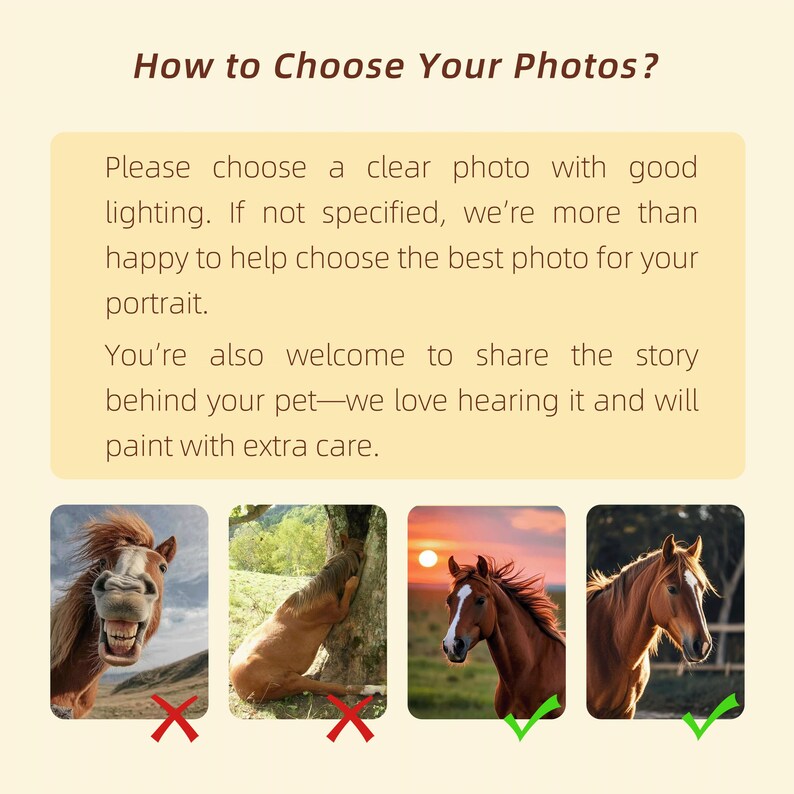 May include: An informational graphic with the text "How to Choose Your Photos?" and examples of horse portraits. The text advises choosing clear photos with good lighting for pet portraits and welcomes sharing the pet's story.