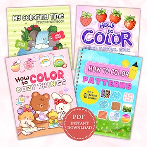 May include: Four colorful coloring books with titles like "My Coloring Time" and "How to Color." The covers feature illustrations of strawberries, waterfalls, and cute characters. A red circle with "PDF Instant Download" is in the bottom center.