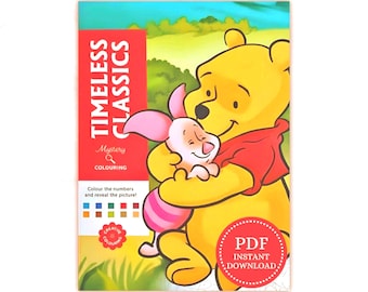 Livro de colorir clássico da Disney com mistérios. Páginas para colorir por números para adolescentes e adultos. Livro de colorir com desenhos animados.
