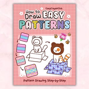 Op de afbeelding: Een roze boekomslag met de titel "How to Draw Easy Patterns" in kleurrijke bubbelletters. Illustraties zijn onder meer een kat in een berenkostuum, een kat en tekenvoorbeelden. Het boek heet "Pattern Drawing Step-by-Step".