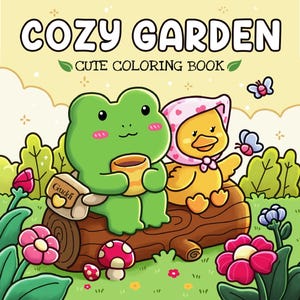 以下が含まれることがあります： 「Cozy Garden」というタイトルの塗り絵本のイラスト。表紙には、カップを持った緑色のカエルとピンクの帽子をかぶった黄色いアヒルが丸太の上に座っています。蝶、花、キノコがシーンを飾っています。