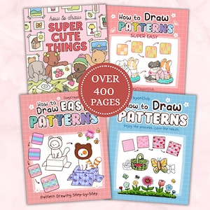 Può includere: Quattro libri di disegno colorati con i titoli "How to Draw Super Cute Things" e "How to Draw Patterns". I libri presentano illustrazioni di animali e motivi. È visibile anche il testo "Over 400 Pages".