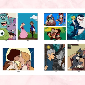 May include: A collection of numbered cartoon illustrations featuring various animated characters including monsters, a princess and prince, a gorilla, a shark, a rabbit, and a cat, arranged in a grid layout with labels 77, 78, 79, 80, 98, 99, and 100.