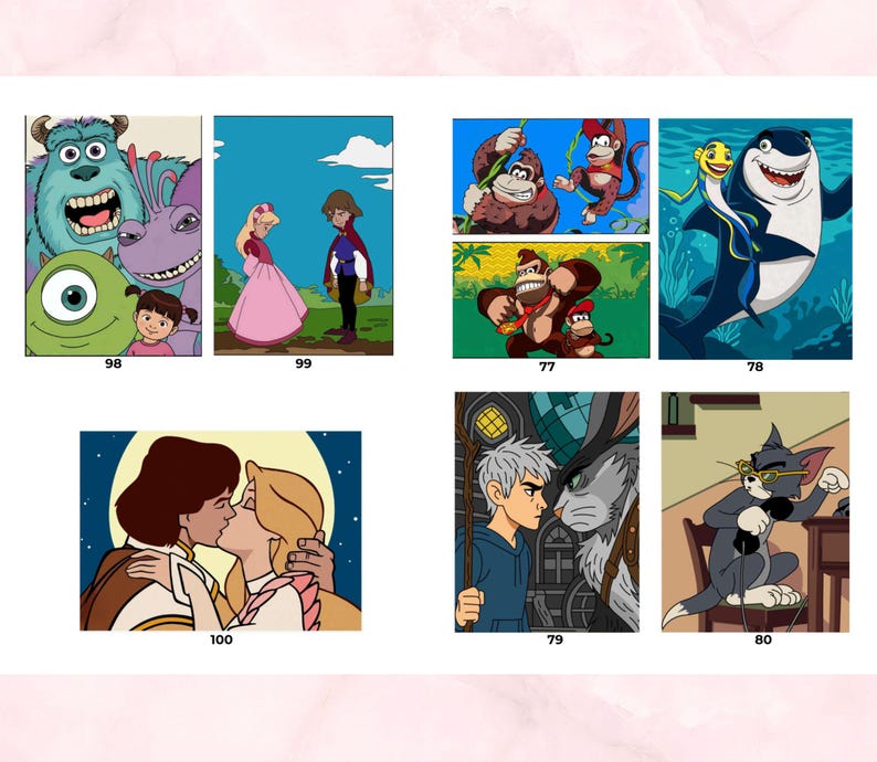 May include: A collection of numbered cartoon illustrations featuring various animated characters including monsters, a princess and prince, a gorilla, a shark, a rabbit, and a cat, arranged in a grid layout with labels 77, 78, 79, 80, 98, 99, and 100.