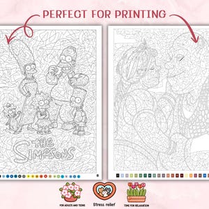 May include: Two printable coloring pages featuring black and white line art. The left page shows The Simpsons family with the text THE SIMPSONS. The right page depicts Shrek and Fiona. Both pages include numbered color keys at the bottom.