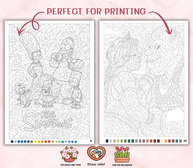 May include: Two printable coloring pages featuring black and white line art. The left page shows The Simpsons family with the text THE SIMPSONS. The right page depicts Shrek and Fiona. Both pages include numbered color keys at the bottom.