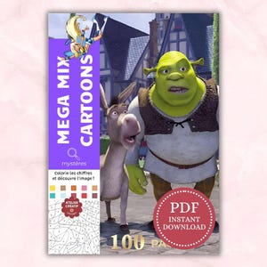 May include: A digital coloring book cover titled MEGA MIX CARTOONS featuring Shrek and Donkey. The purple sidebar includes the text myst&egrave;res, color swatches, and a numbered grid. A red circular badge displays PDF INSTANT DOWNLOAD and 100 PAGES.