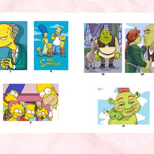May include: A collection of six rectangular graphic prints featuring animated characters. Images include Mr. Burns, The Simpsons family, Shrek with Donkey, Shrek and Fiona, The Simpsons family close-up, and a baby ogre, each labeled with numbers 7, 8, 9, 19, 20, and 21.