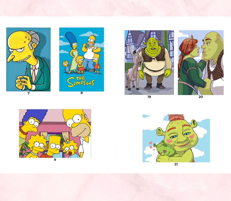 May include: A collection of six rectangular graphic prints featuring animated characters. Images include Mr. Burns, The Simpsons family, Shrek with Donkey, Shrek and Fiona, The Simpsons family close-up, and a baby ogre, each labeled with numbers 7, 8, 9, 19, 20, and 21.