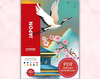 Mystery coloring book. Japan color by number pages. Digital coloring book for adults.