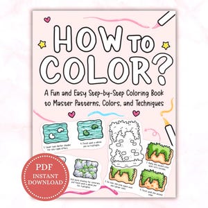 Puede incluir: Una portada de libro para colorear rosa con el título "HOW TO COLOR?" en letras grandes y delineadas. La portada incluye técnicas de coloreado paso a paso y el texto "A Fun and Easy Step-by-Step Coloring Book to Master Patterns, Colors, and Techniques."