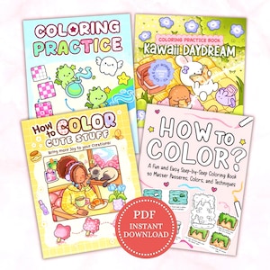 May include: Four illustrated coloring books with titles such as "Coloring Practice" and "Kawaii Daydream." The books feature cute, cartoon-style artwork. A red circle at the bottom reads "PDF Instant Download."