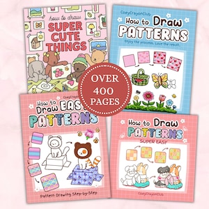 May include: Four instructional drawing books titled How to Draw Super Cute Things, How to Draw Patterns, How to Draw Easy Patterns, and How to Draw Patterns Super Easy, featuring colorful illustrations of animals and patterns with a central badge stating Over 400 Pages.