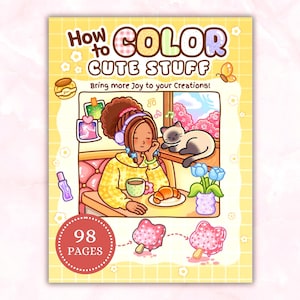 Może przedstawiać: Żółta książka do kolorowania zatytułowana "How to Color Cute Stuff" z kreskówkową ilustracją osoby ze słuchawkami, kotem i jedzeniem. Książka ma 98 stron i zawiera różowe lody na patyku.