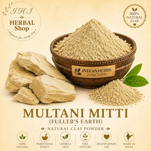 May include: A dark brown wooden bowl filled with beige Multani Mitti Fuller's Earth clay powder, accompanied by several solid chunks of raw clay and a small pile of loose powder. The bowl features a label reading INDIANHERBS JUNCTION.