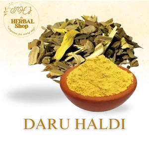 May include: A display of Daru Haldi, featuring a terracotta bowl filled with yellow powder, alongside a pile of dried, green-brown bark and leaves. The image includes the text "Daru Haldi" and the logo of "The Herbal Shop".