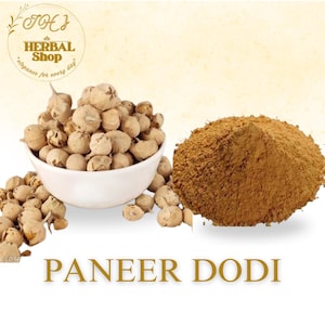 Peut inclure: Image de Paneer Dodi, un produit à base de plantes. L'image montre un bol blanc rempli de fruits secs beiges et ronds, et un tas de poudre brune. Le texte "Paneer Dodi" est affiché en lettres dorées.