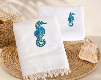 Set di Peshtemal con cavalluccio marino ricamato, telo mare turco in cotone con custodia con cerniera, asciugamano da hammam per spa, regalo