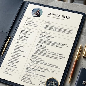 May include: A professional resume for Sophia Rose, a Sales Representative, displayed in a dark blue leather portfolio. The resume includes contact information, education, skills, and work experience, along with a photo of the candidate.