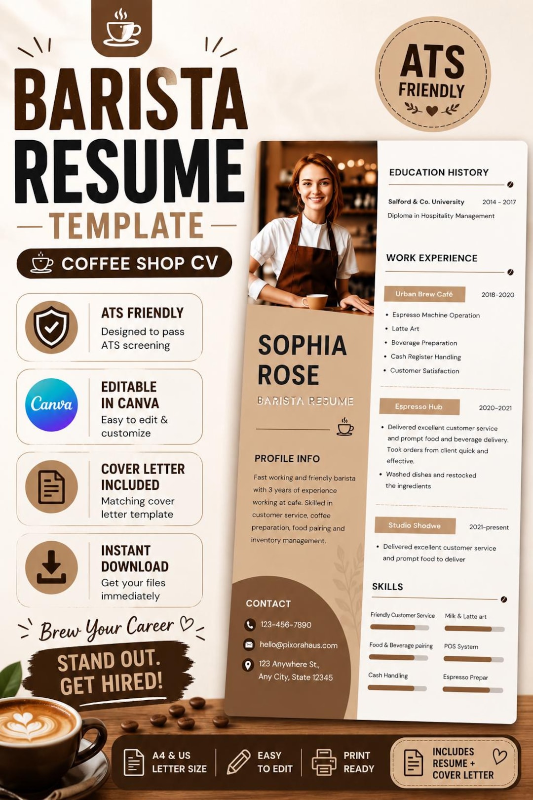 Barista Resume Template | Coffee Shop CV | ATS Frien…