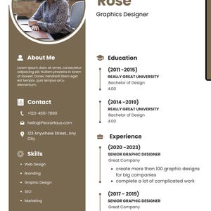 May include: A professional resume template for a graphic designer, featuring a headshot of a smiling woman. The resume includes sections for education, experience, skills, and contact information, with a clean, modern design.