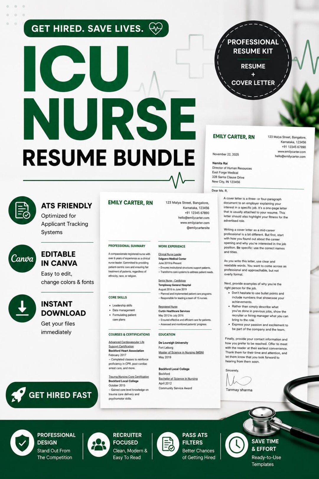ICU Nurse Resume Bundle, Ats Friendly Critical Care RN Template ...