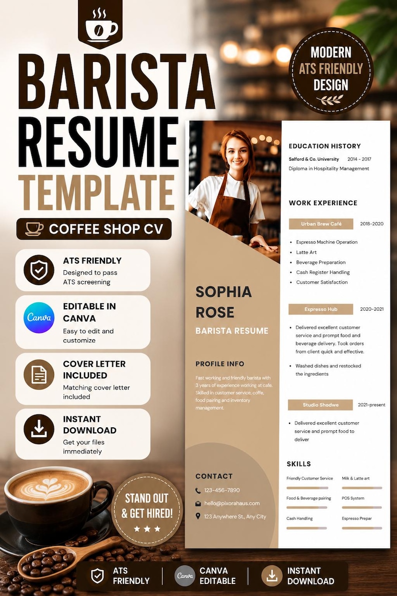 Barista Resume Template | Coffee Shop CV | ATS Frien…