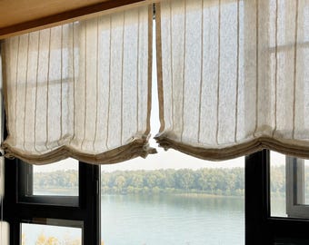 Linnenmix vouwgordijn, op maat gemaakt vouwgordijn, lichtfilterende zonwering, gestreept keukengordijn, raambekleding boerderij