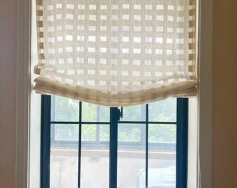 Soft Linen Grid Roman Shades , Light Filtering , Pull Cord Mechanism , Custom Sizes Available