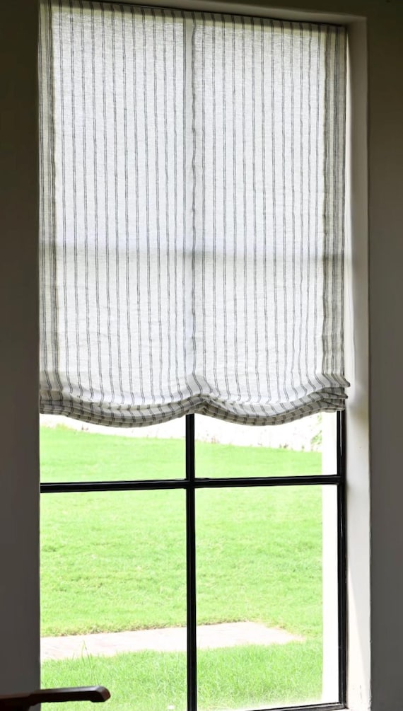 Handcrafted 100% Pure Linen Vertical Stripe Roman Shades with Chain Mechanism