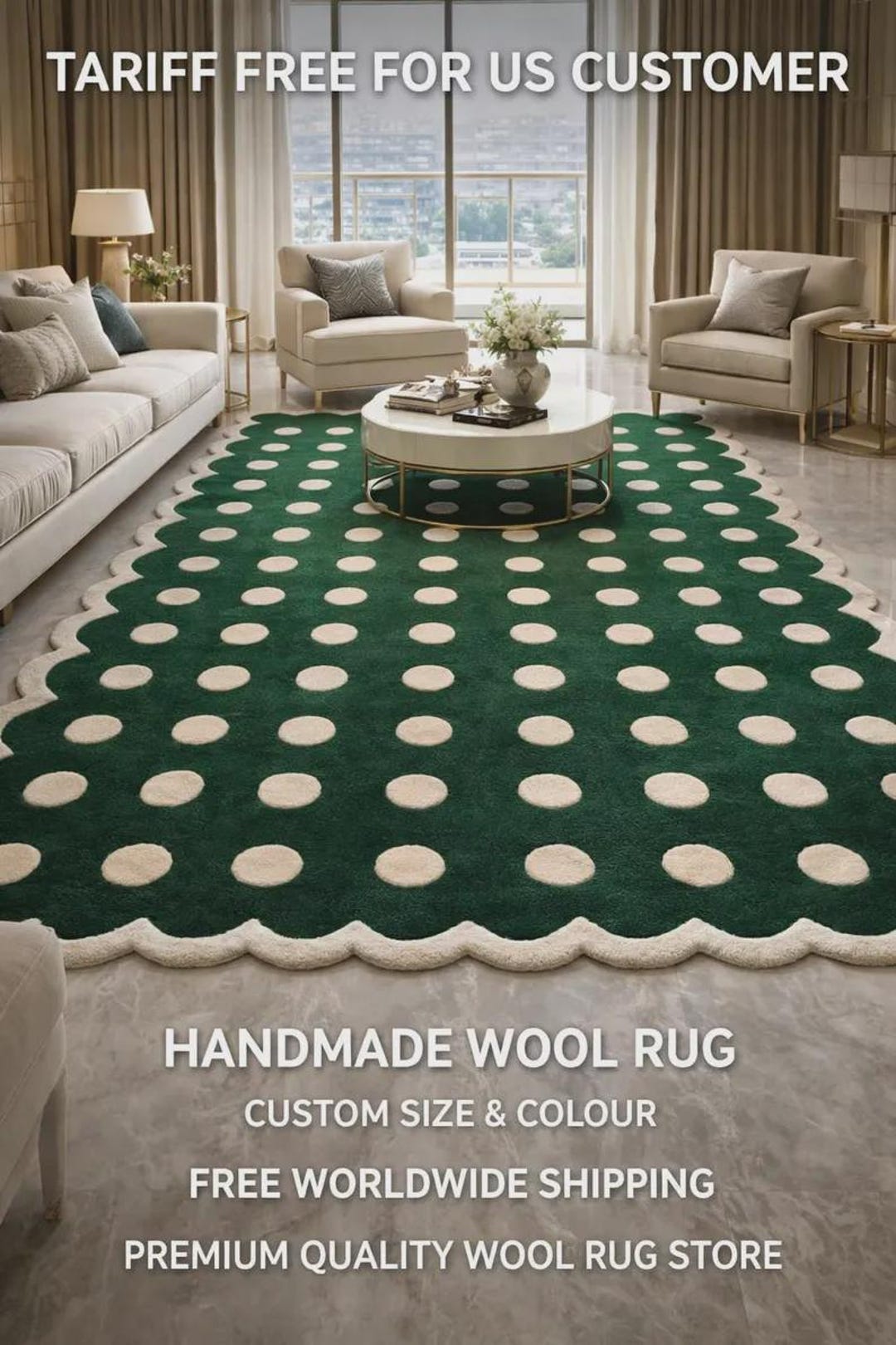 Green Polka Dot Scalloped Edge Area Rug, Modern Playful Carpet - Etsy