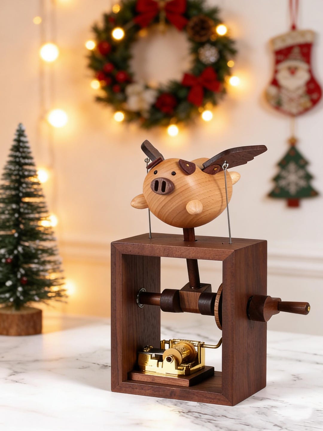 Automaton Box Handmade Handmade Walnut Flying Pig Music Box, Unique Valentine Birthday Gift ...