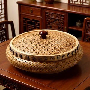 May include: A round, woven bamboo basket with a lid. The basket is light brown with a dark brown wooden knob on the lid. The rim of the basket is decorated with small, dark brown flower-shaped accents. The basket sits on a dark wooden table.