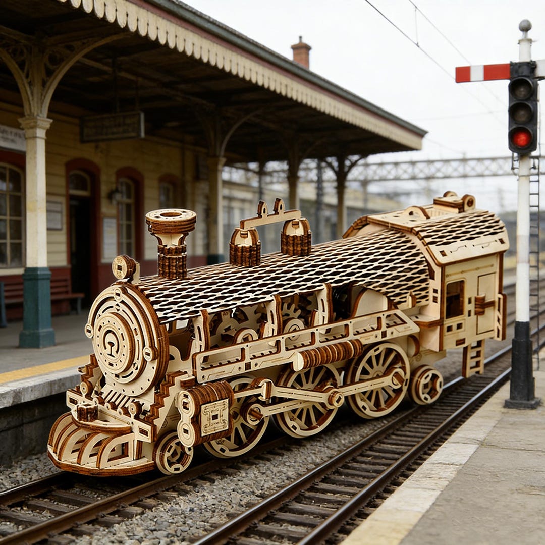 3D Mechanical Wooden Steam Train Model Kit DIY Puzzle Gear Locomotive ...