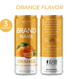 Op de afbeelding: Twee drankblikjes met sinaasappelsmaak en condensatie. De blikjes tonen de tekst "BRAND NAME" en "ORANGE" met een afbeelding van sinaasappels. Elk blikje bevat 355 ml vloeistof. De blikjes zijn gelabeld "sweet, refreshing, bubbly."