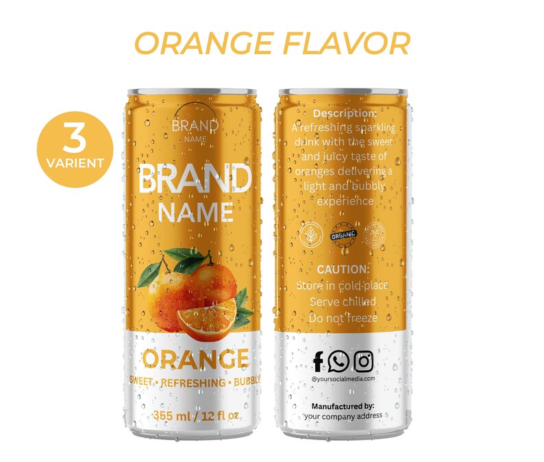 Op de afbeelding: Twee drankblikjes met sinaasappelsmaak en condensatie. De blikjes tonen de tekst "BRAND NAME" en "ORANGE" met een afbeelding van sinaasappels. Elk blikje bevat 355 ml vloeistof. De blikjes zijn gelabeld "sweet, refreshing, bubbly."