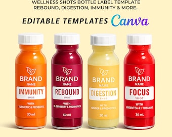 Etiketsjablonen voor wellnessborrelfles | Bewerkbare labels voor canva-sapshots voor immuniteit, spijsvertering, rebound en focus | Extra shot