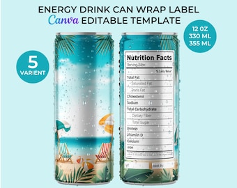 Bewerkbare labelsjabloon energiedrankblikje | 330 ml 355 ml omslagontwerp (canva)