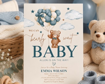 Convite para Chá de Bebê com Balão de Urso Marrom, Convite para Chá de Bebê Menino, Convite para Chá de Bebê com Balão de Ursinho de Pelúcia, Convite Azul para Bebê para Imprimir
