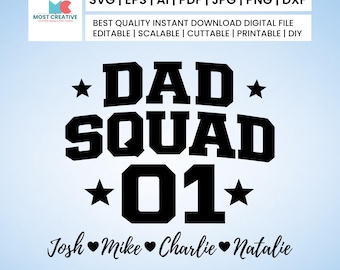 SVG "Esquadrão do Papai", Design de Camiseta Personalizada para Pais, Nomes dos Filhos em PNG, Impressão por Sublimação Cricut "Vida de Pai" em SVG e DXF