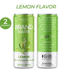 Op de afbeelding: Twee groene aluminium blikjes met citroensmaak frisdrank. De blikjes hebben waterdruppels en de tekst "LEMON FLAVOR", "BRAND NAME" en "LEMON". Elk blikje bevat 355 ml.